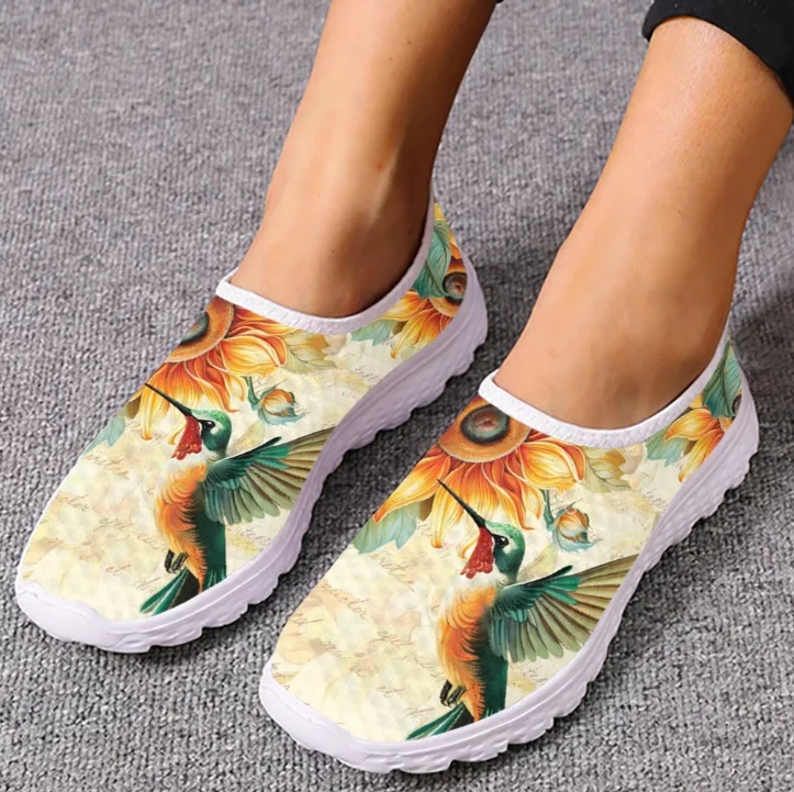 Women Shoes Tennis - Mocassini con Stampa Colibrì e Girasole,